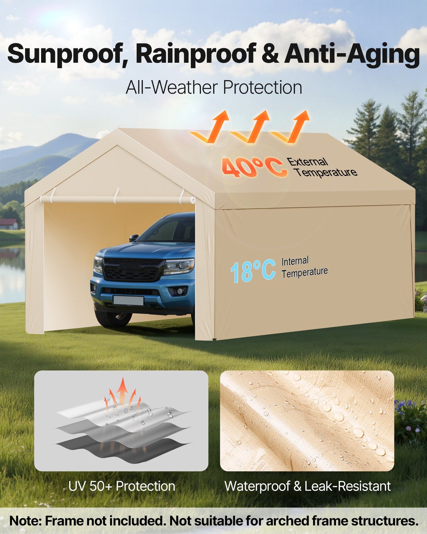 Carport Replacement Canopy, 10 x 20 ft Potable Garage Tent Top Tarp with Sidewalls, UV-Resistant & Waterproof, Heavy Duty Car Shelter Tarp with Ball Buggees, Beige, Frame Not Included