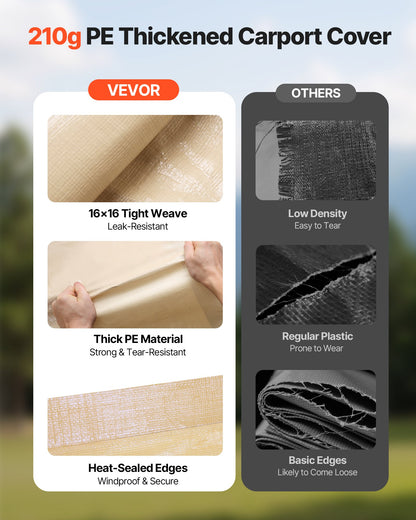 Carport Replacement Canopy, 10 x 20 ft Potable Garage Tent Top Tarp with Sidewalls, UV-Resistant & Waterproof, Heavy Duty Car Shelter Tarp with Ball Buggees, Beige, Frame Not Included