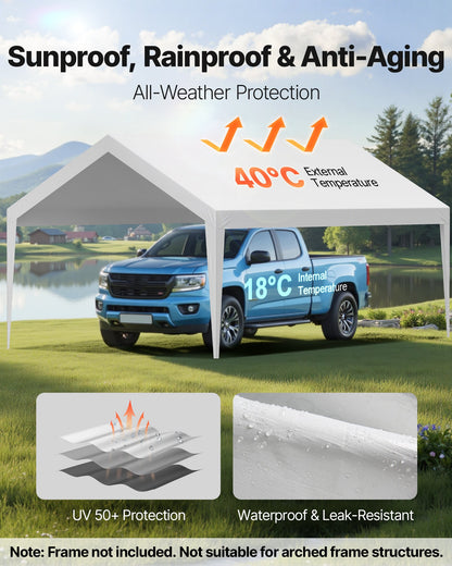 Carport Replacement Canopy, 12 x 20 ft Potable Garage Tent Top Tarp, UV-Resistant & Waterproof Car Shelter Tarp, Heavy Duty Car Port Cover with Ball Buggees, White, Frame Not Included