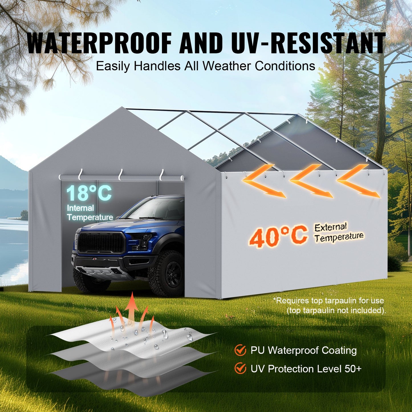 Carport Replacement Canopy Cover Side Wall 12 x 20 ft, Garage Tent Shelter Tarp Heavy-Duty Waterproof & UV Protected, Easy Installation with Ball Bungees,Grey (Top and Frame Not Included)