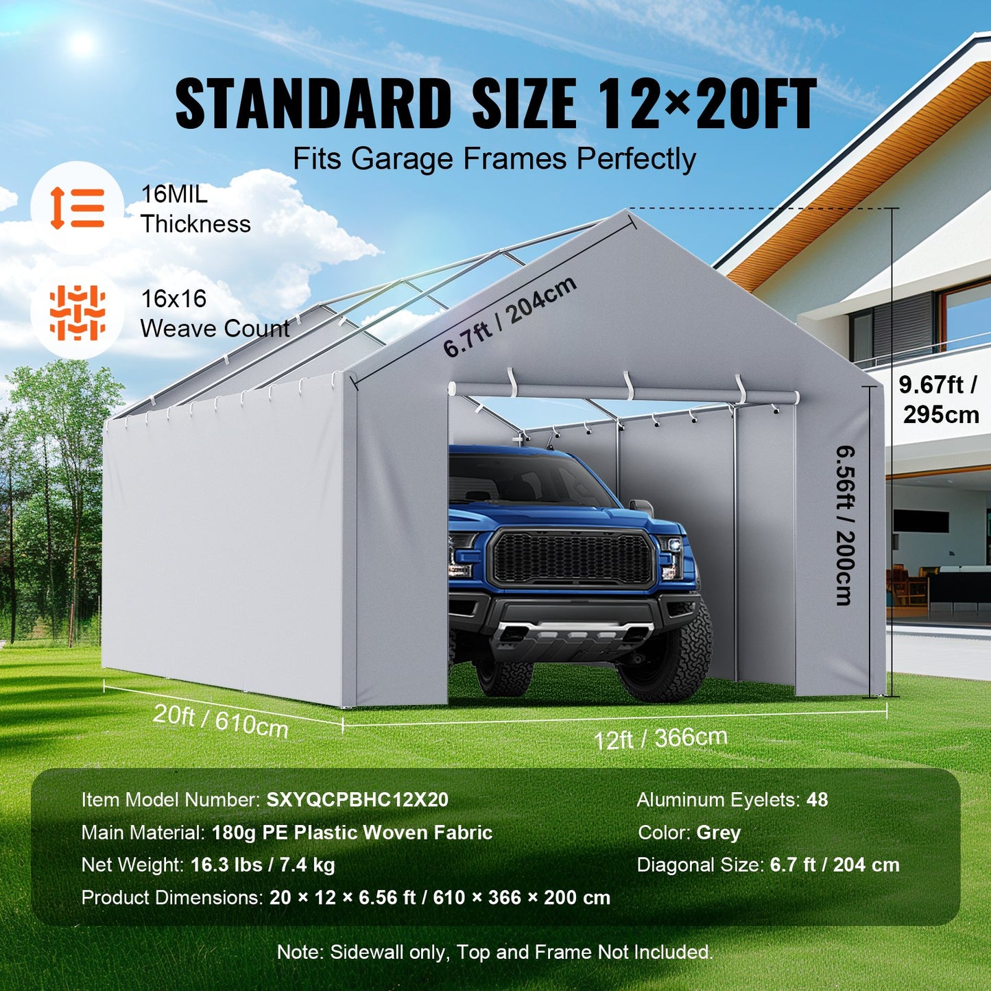 Carport Replacement Canopy Cover Side Wall 12 x 20 ft, Garage Tent Shelter Tarp Heavy-Duty Waterproof & UV Protected, Easy Installation with Ball Bungees,Grey (Top and Frame Not Included)