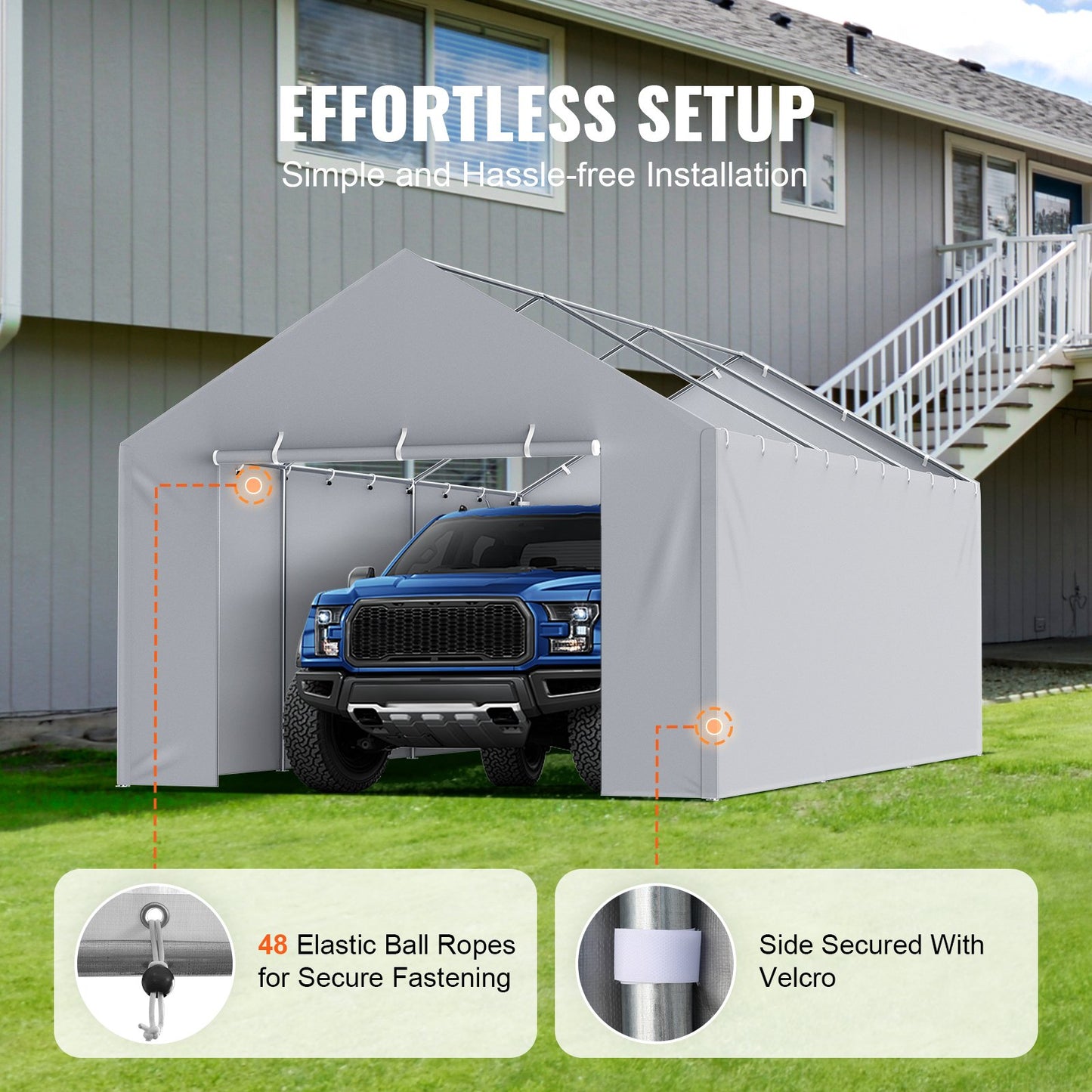 Carport Replacement Canopy Cover Side Wall 12 x 20 ft, Garage Tent Shelter Tarp Heavy-Duty Waterproof & UV Protected, Easy Installation with Ball Bungees,Grey (Top and Frame Not Included)