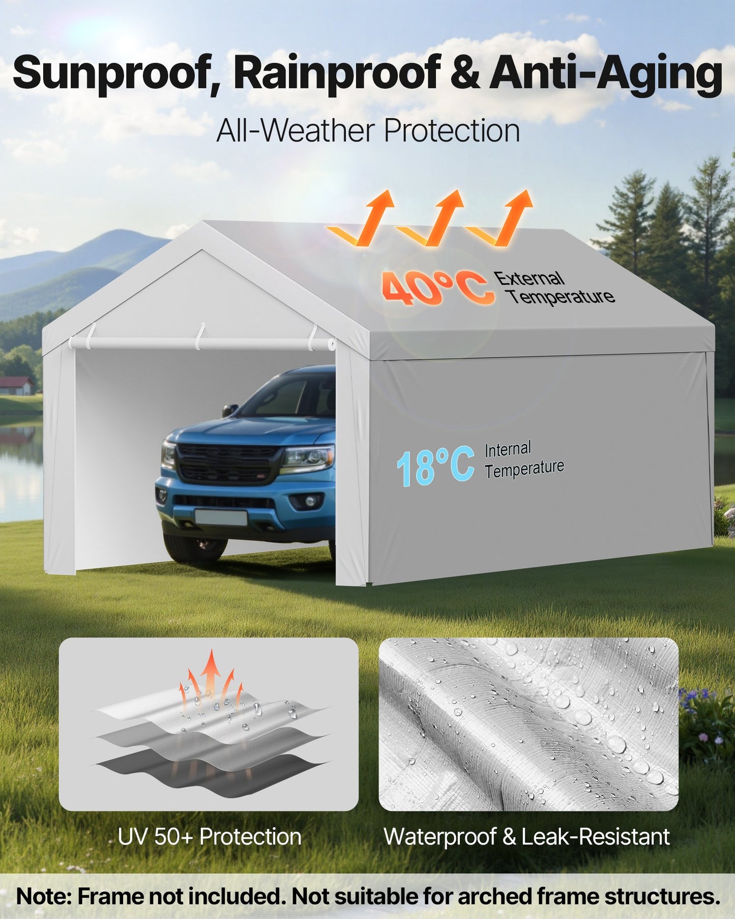 Carport Replacement Canopy, 12 x 20 ft Potable Garage Tent Top Tarp with Sidewalls, UV-Resistant & Waterproof, Heavy Duty Car Shelter Tarp with Ball Buggees, Grey, Frame Not Included