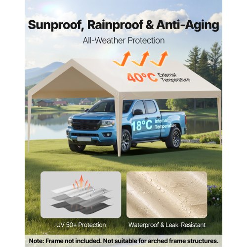 Carport-reservtak, 3,6 x 6 m dricksskyddad presenning för garage, UV-resistent och vattentät bilskyddspresenning, kraftigt bilportsskydd med bollvagnar, beige, ram ingår ej |  EU