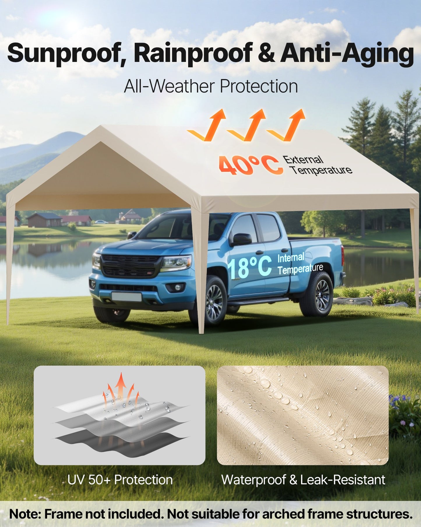 Carport Replacement Canopy, 12 x 20 ft Potable Garage Tent Top Tarp, UV-Resistant & Waterproof Car Shelter Tarp, Heavy Duty Car Port Cover with Ball Buggees, Beige, Frame Not Included