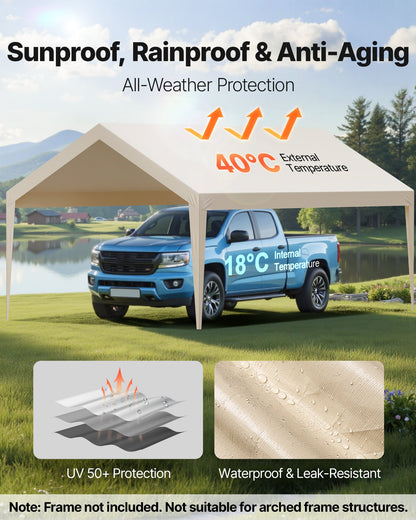 Carport Replacement Canopy, 12 x 20 ft Potable Garage Tent Top Tarp, UV-Resistant & Waterproof Car Shelter Tarp, Heavy Duty Car Port Cover with Ball Buggees, Beige, Frame Not Included