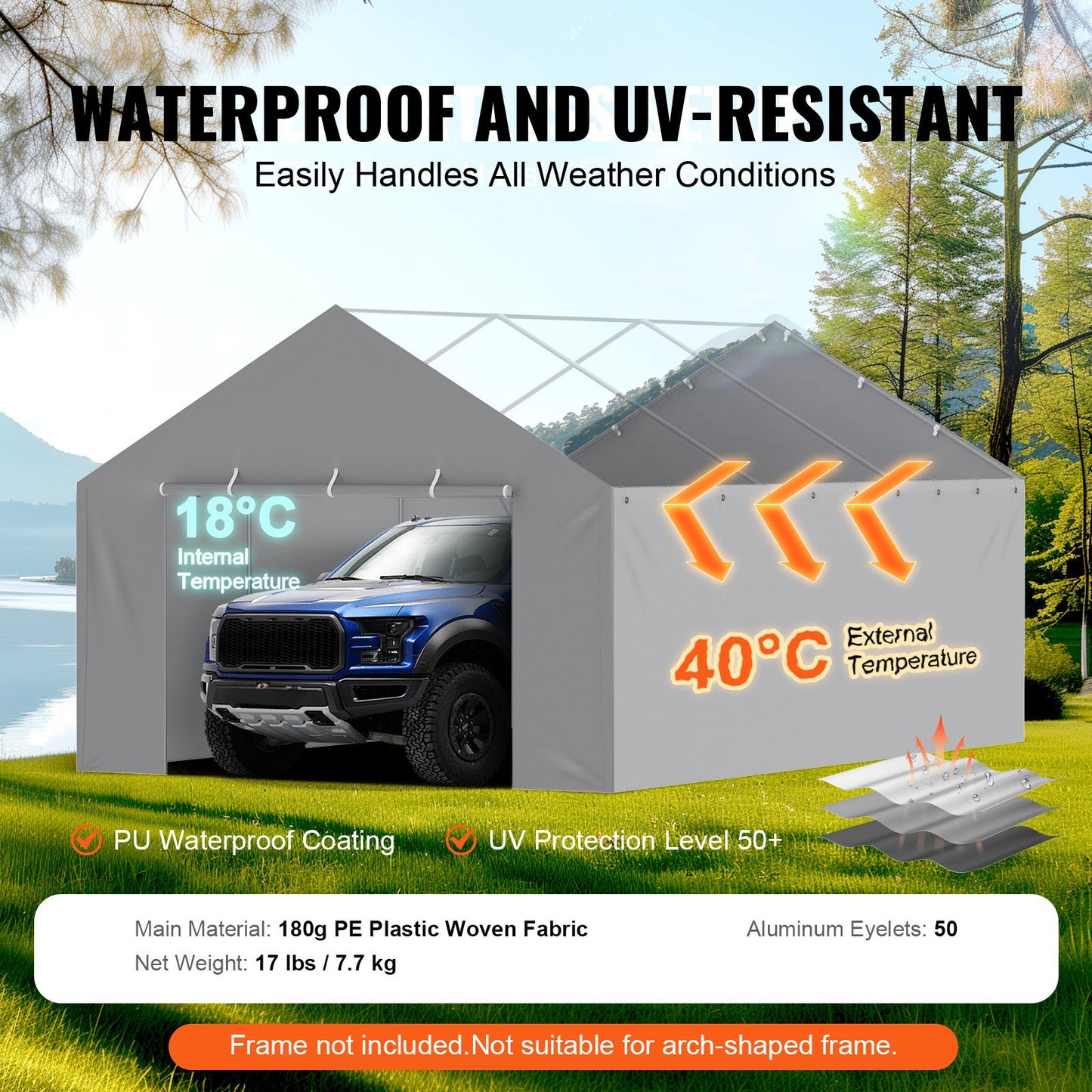 Carport Replacement Canopy Cover Side Wall 13 x 20 ft, Garage Tent Shelter Tarp Heavy-Duty Waterproof & UV Protected, Easy Installation with Ball Bungees,Grey (Top and Frame Not Included)