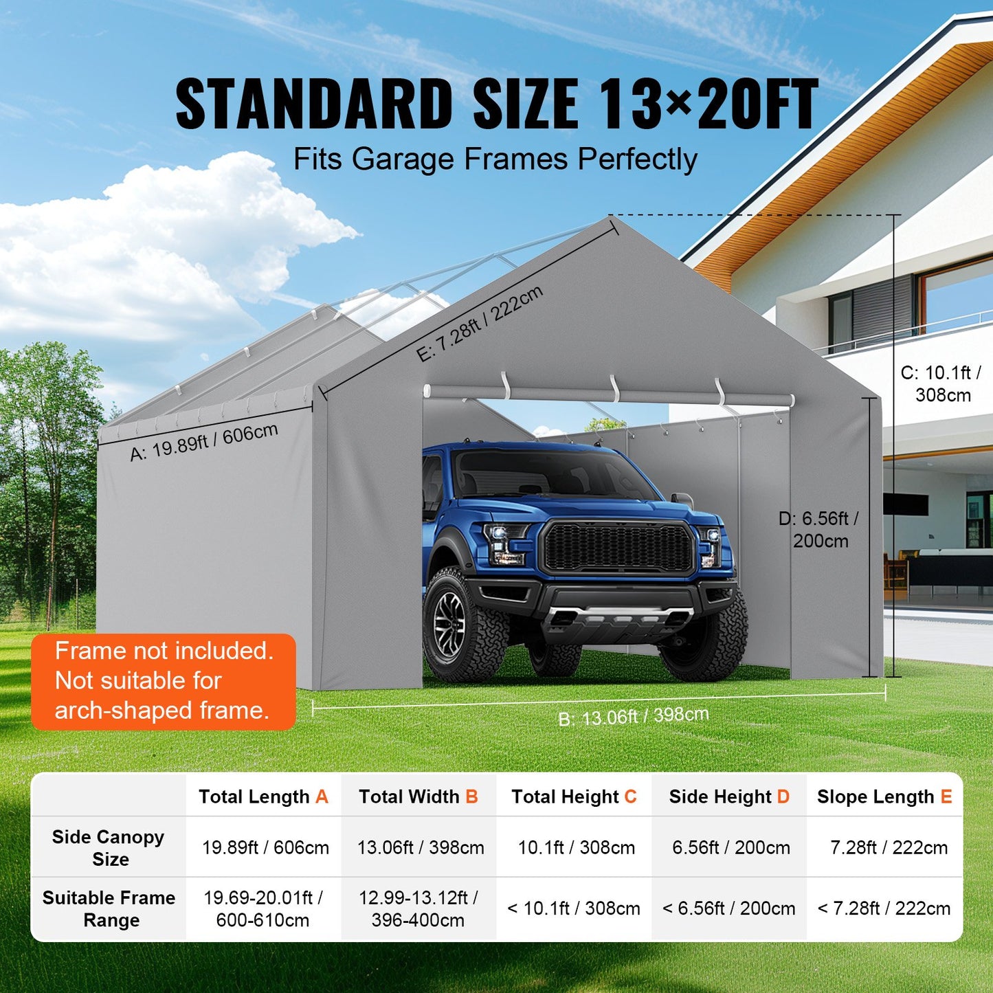Carport Replacement Canopy Cover Side Wall 13 x 20 ft, Garage Tent Shelter Tarp Heavy-Duty Waterproof & UV Protected, Easy Installation with Ball Bungees,Grey (Top and Frame Not Included)