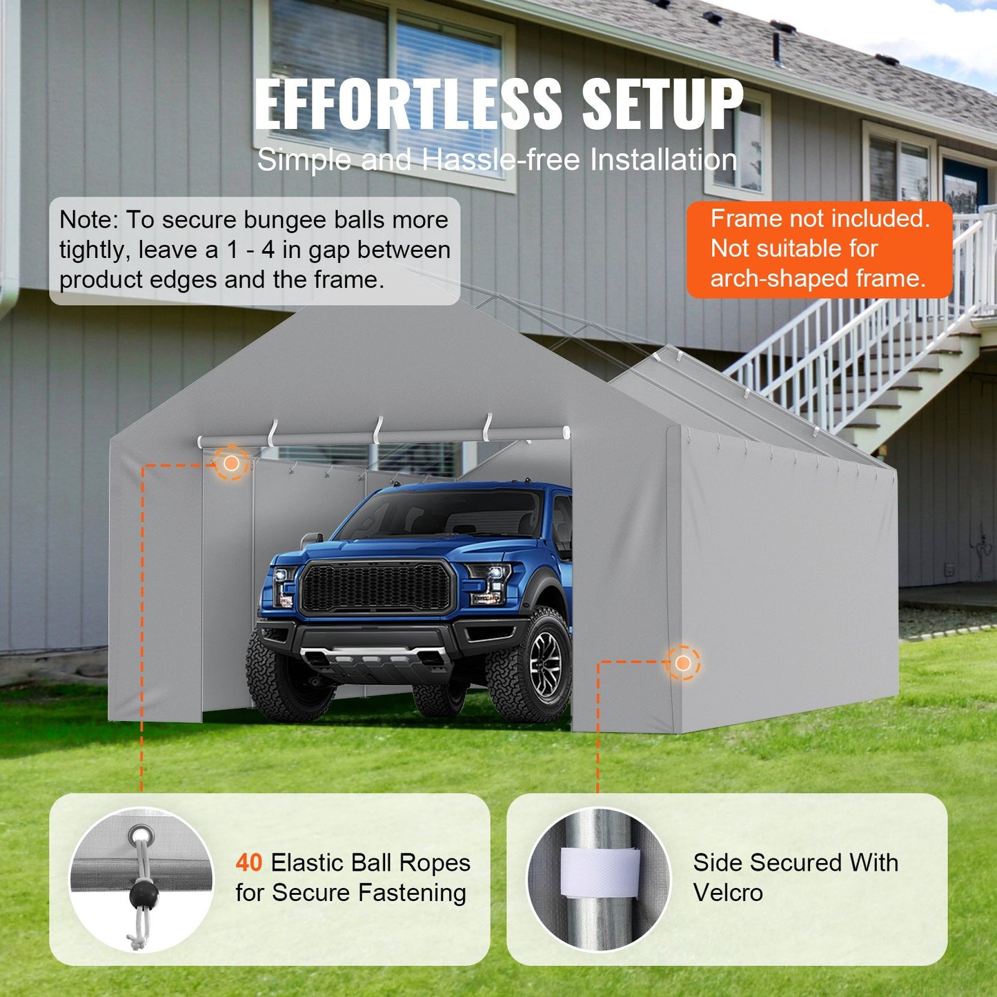 Carport Replacement Canopy Cover Side Wall 13 x 20 ft, Garage Tent Shelter Tarp Heavy-Duty Waterproof & UV Protected, Easy Installation with Ball Bungees,Grey (Top and Frame Not Included)