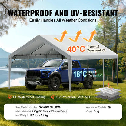 Carport Replacement Canopy Cover 13 x 20 ft, Garage Top Tent Shelter Tarp Heavy Duty Waterproof &amp; UV Protected, Easy Installation with Ball Bungees, Gray (Top Cover Only, Frame Not Included)