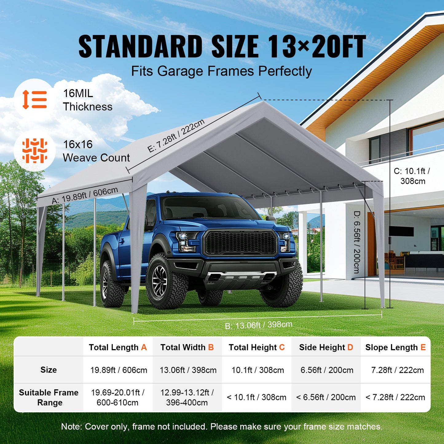 Carport Replacement Canopy Cover 13 x 20 ft, Garage Top Tent Shelter Tarp Heavy Duty Waterproof &amp; UV Protected, Easy Installation with Ball Bungees, Gray (Top Cover Only, Frame Not Included)