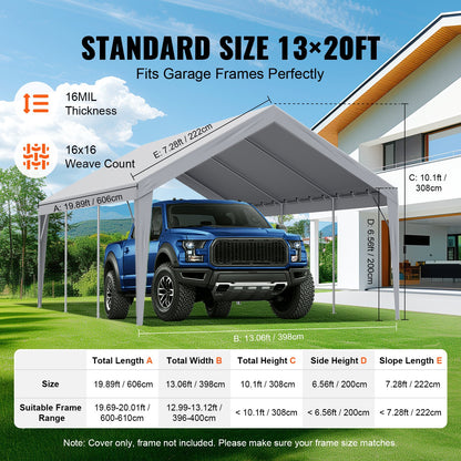 Carport Replacement Canopy Cover 13 x 20 ft, Garage Top Tent Shelter Tarp Heavy Duty Waterproof &amp; UV Protected, Easy Installation with Ball Bungees, Gray (Top Cover Only, Frame Not Included)