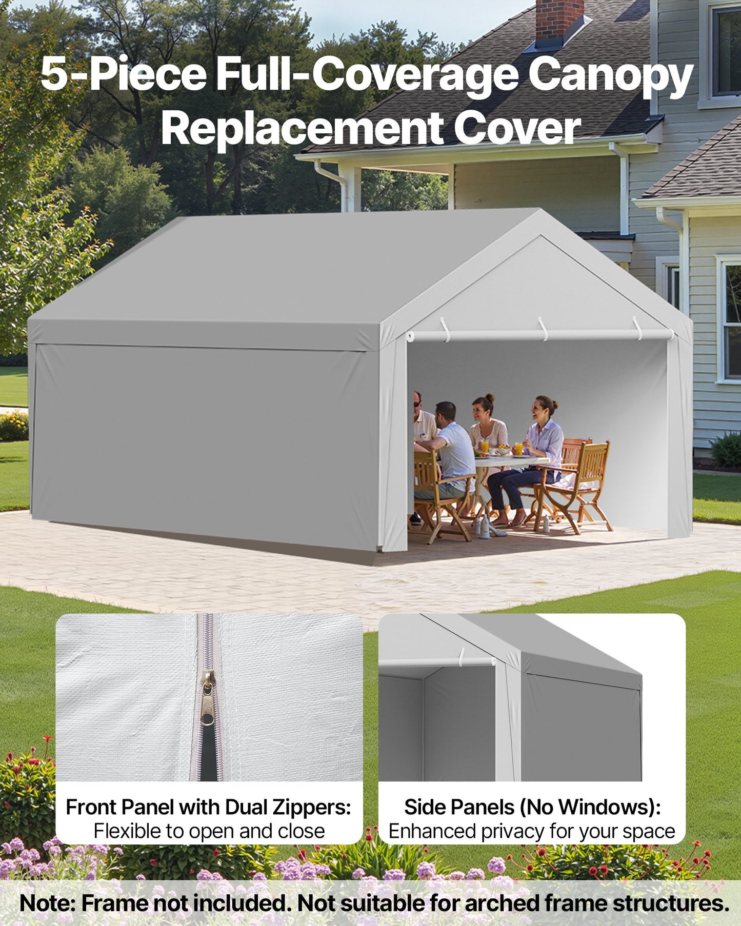 Carport Replacement Canopy, 13 x 20 ft Potable Garage Tent Top Tarp with Sidewalls, UV-Resistant & Waterproof, Heavy Duty Car Shelter Tarp with Ball Buggees, Grey, Frame Not Included