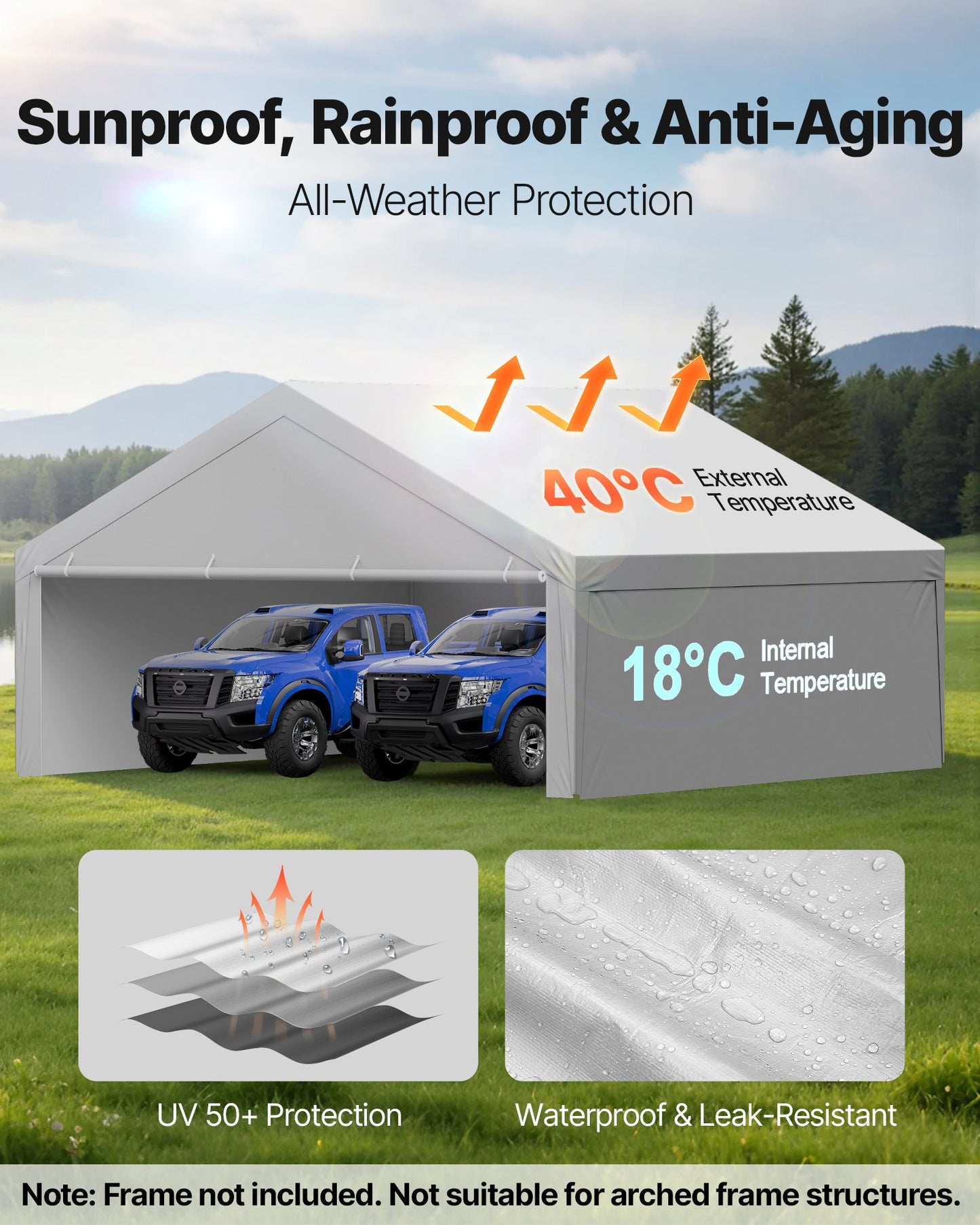 Carport Replacement Canopy, 20 x 20 ft Potable Garage Tent Top Tarp with Sidewalls, UV-Resistant & Waterproof, Heavy Duty Car Shelter Tarp with Ball Buggees, Grey, Frame Not Included