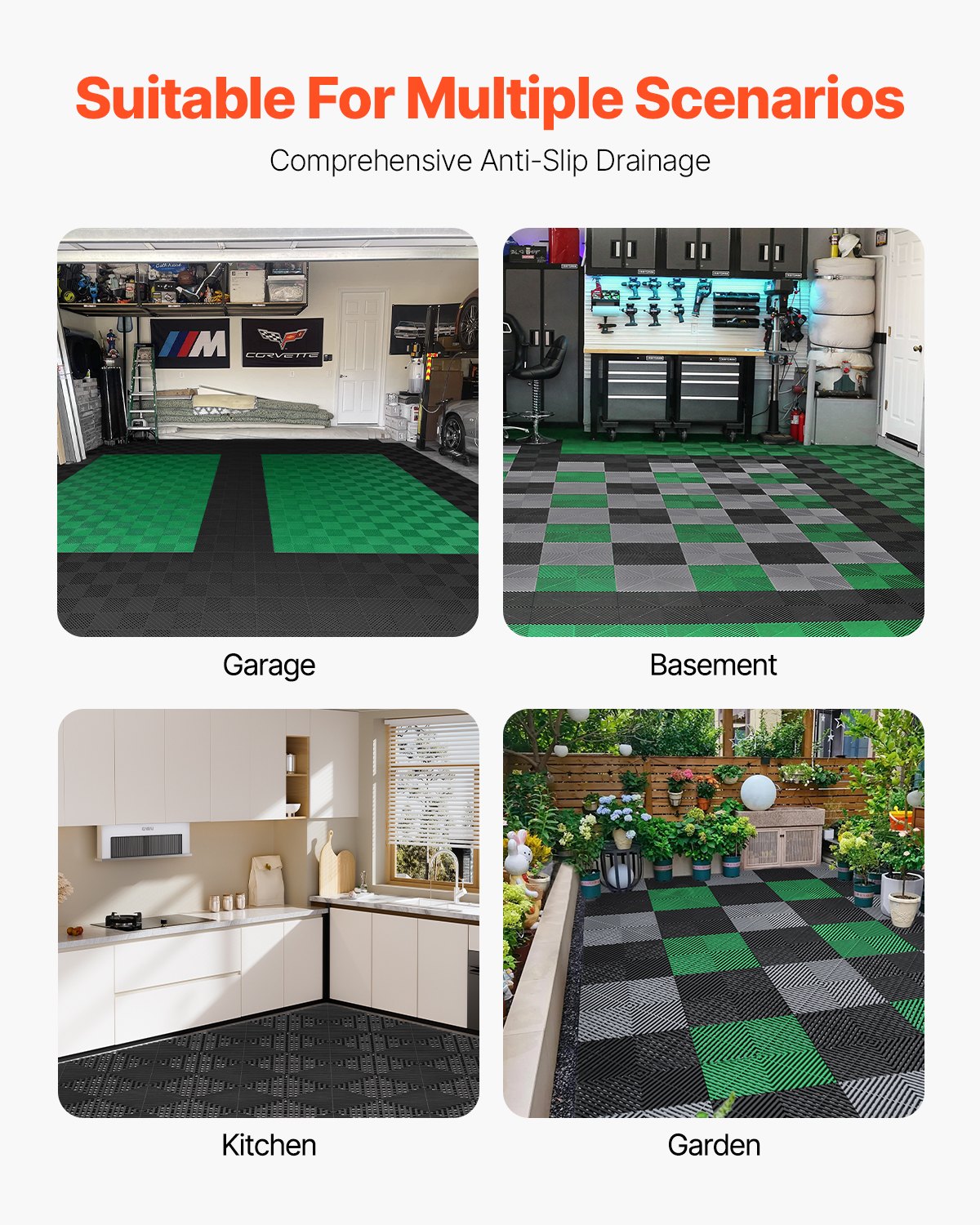 Interlocking Drainage Mat, 12” x 12” Modular Interlocking Cushion, 40 Pcs Splicing Drainage Mats, Non-Slip Black PP Drainage Floor Tile and Shower Mat, for Garage, Garden, Kitchen & Outdoor