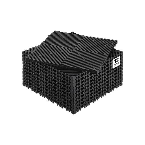 Interlocking Drainage Mat, 12” x 12” Modular Interlocking Cushion, 12 Pcs Splicing Drainage Mats, Non-Slip Black PP Drainage Floor Tile and Shower Mat, for Garage, Garden, Kitchen & Outdoor