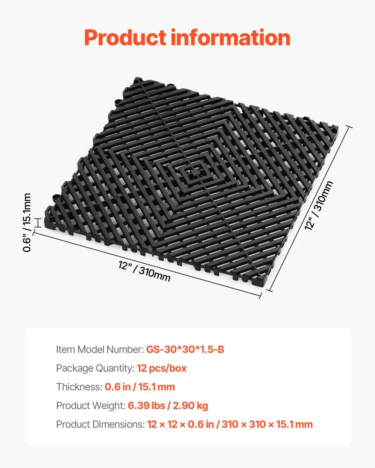 Drainage Mat Modular Interlocking Pad 12" x 12" Drainage Floor Tile