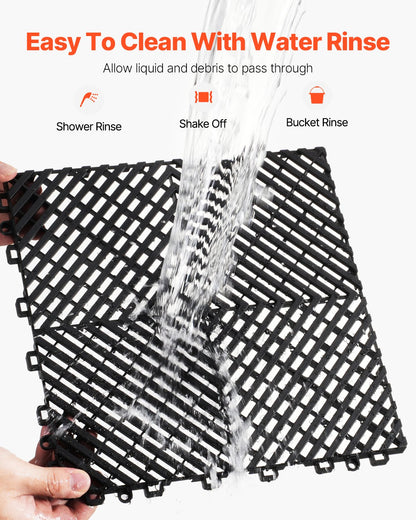 Interlocking Drainage Mat, 12” x 12” Modular Interlocking Cushion, 12 Pcs Splicing Drainage Mats, Non-Slip Black PP Drainage Floor Tile and Shower Mat, for Garage, Garden, Kitchen & Outdoor