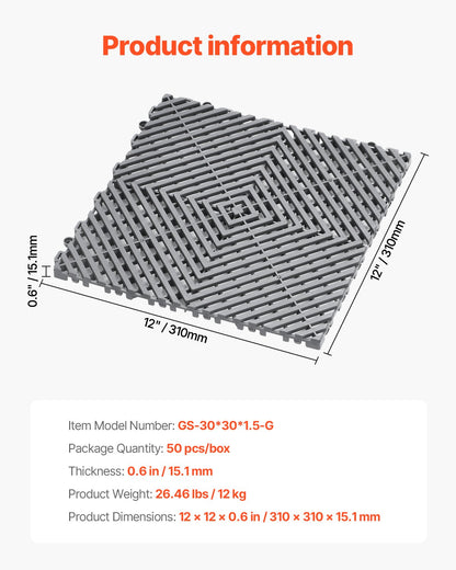 Interlocking Drainage Mat, 12” x 12” Modular Interlocking Cushion, 50 Pcs Splicing Drainage Mats, Non-Slip Gray PP Drainage Floor Tile and Shower Mat, for Garage, Garden, Kitchen & Outdoor