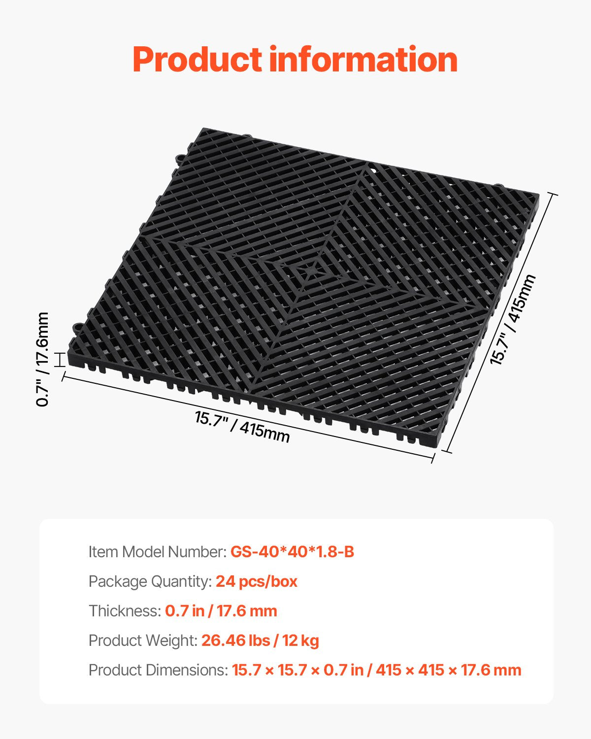 Interlocking Drainage Mat, 15.7” x 15.7” Modular Interlocking Cushion, 24 Pcs Splicing Drainage Mats, Non-Slip Black PP Drainage Floor Tile and Shower Mat, for Garage, Garden, Kitchen & Outdoor