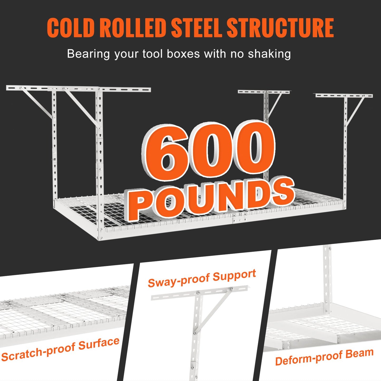 Overhead Garage Storage Rack, 48x96 Inch Ceiling Storage Rack for Garage, Heavy Duty Adjustable Cold Rolled Steel Racks for Garage Storage, Organization, 600 lbs Load Capacity, 22''-40", White