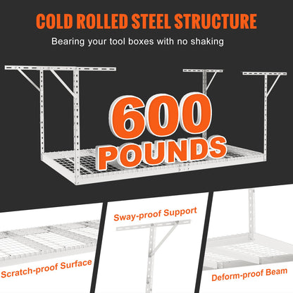 Overhead Garage Storage Rack, 48x96 Inch Ceiling Storage Rack for Garage, Heavy Duty Adjustable Cold Rolled Steel Racks for Garage Storage, Organization, 600 lbs Load Capacity, 22''-40", White