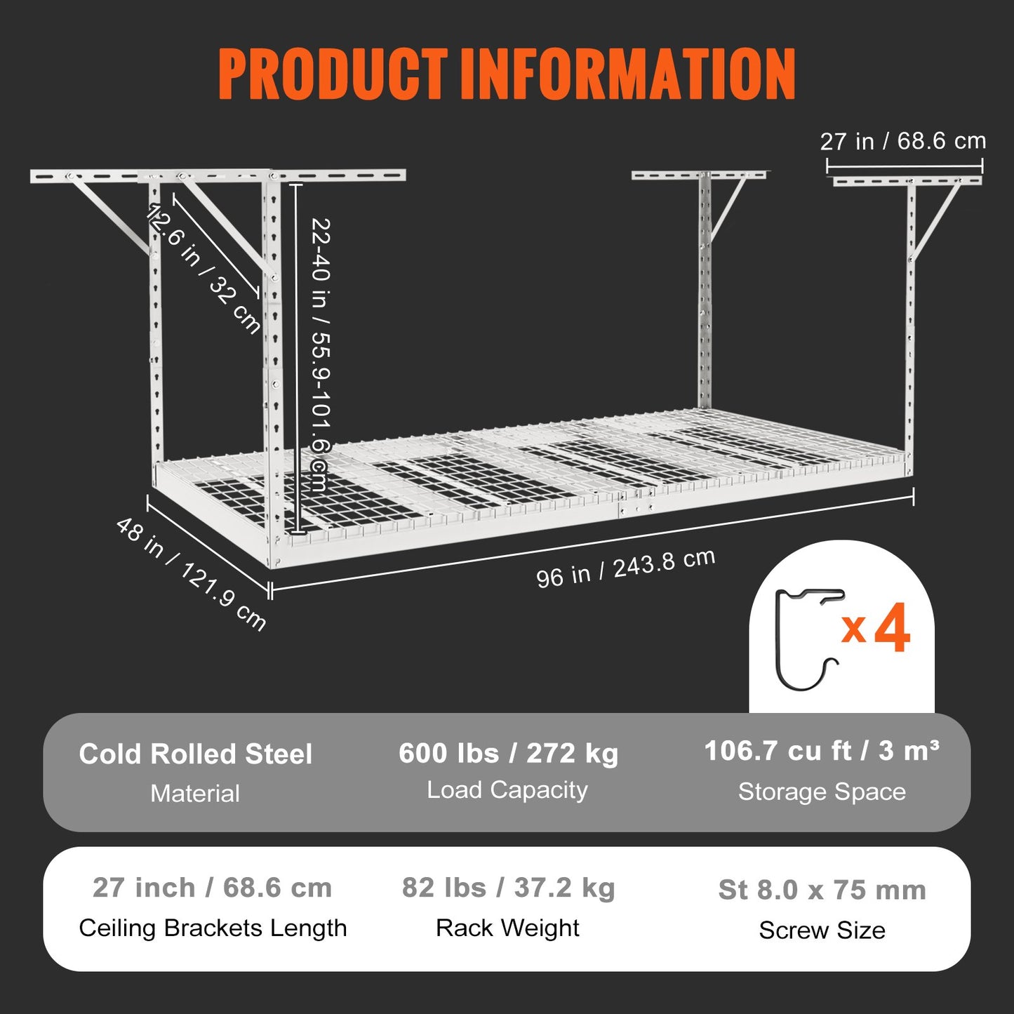 Overhead Garage Storage Rack, 48x96 Inch Ceiling Storage Rack for Garage, Heavy Duty Adjustable Cold Rolled Steel Racks for Garage Storage, Organization, 600 lbs Load Capacity, 22''-40", White