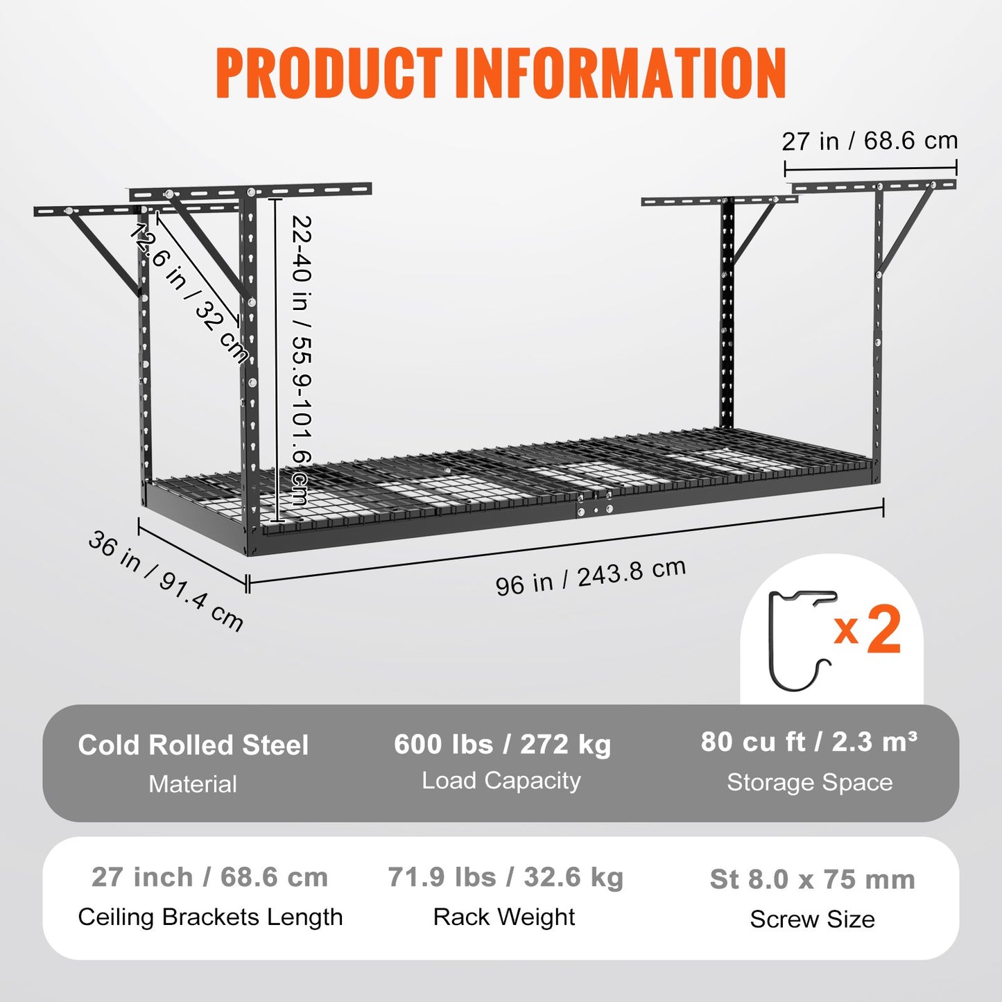 Overhead Garage Storage Rack, 36x96 Inch Ceiling Storage Rack for Garage, Heavy Duty Adjustable Cold Rolled Steel Racks for Garage Storage, Organization, 600 lbs Load Capacity, 22''-40", Black