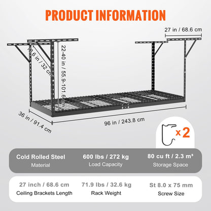 Overhead Garage Storage Rack, 36x96 Inch Ceiling Storage Rack for Garage, Heavy Duty Adjustable Cold Rolled Steel Racks for Garage Storage, Organization, 600 lbs Load Capacity, 22''-40", Black