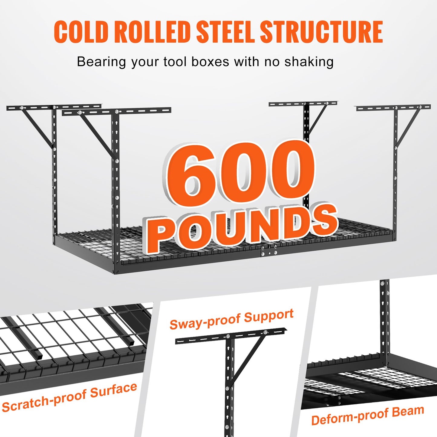 Overhead Garage Storage Rack, 48x96 Inch Ceiling Storage Rack for Garage, Heavy Duty Adjustable Cold Rolled Steel Racks for Garage Storage, Organization, 600 lbs Load Capacity, 22''-40", Black