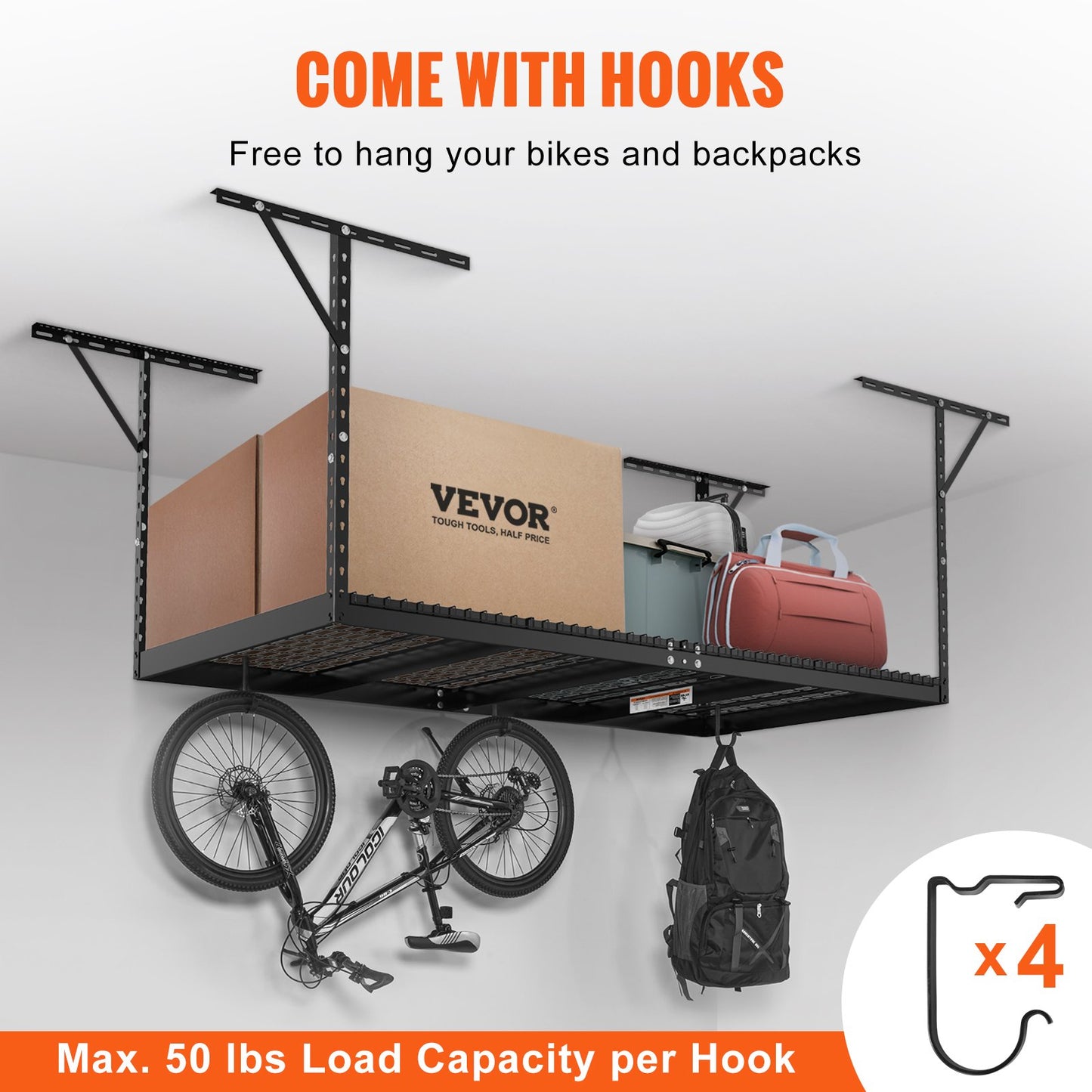 Overhead Garage Storage Rack, 48x96 Inch Ceiling Storage Rack for Garage, Heavy Duty Adjustable Cold Rolled Steel Racks for Garage Storage, Organization, 600 lbs Load Capacity, 22''-40", Black