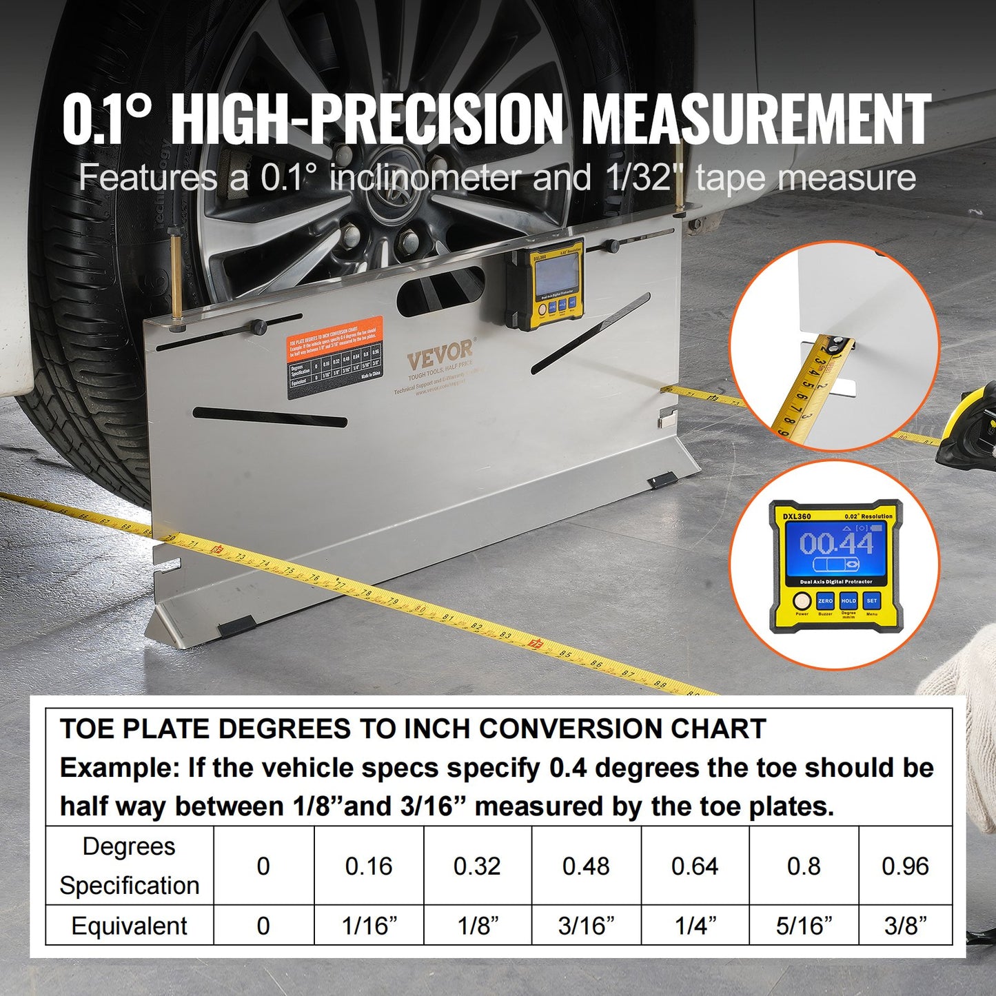 Wheel Alignment Tool, 2-Pack Toe Plates, Camber/Caster/Toe Gauge 0.1° Accuracy, Stainless Steel Tool Plate, Magnetic Slots and 6 Alignment Rods, Includes 2 Measuring Tapes & Conversion Chart