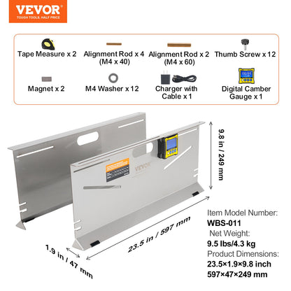 Wheel Alignment Tool, 2-Pack Toe Plates, Camber/Caster/Toe Gauge 0.1° Accuracy, Stainless Steel Tool Plate, Magnetic Slots and 6 Alignment Rods, Includes 2 Measuring Tapes & Conversion Chart