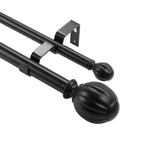 Double Rod Curtain Rods, 36-72 inches(3-6ft) Adjustable Length, Black Double Curtain Rods with Round Finials, 1" and 3/4" Diameter, Double Window Drapery Rod for Sheer and Blackout Curtains