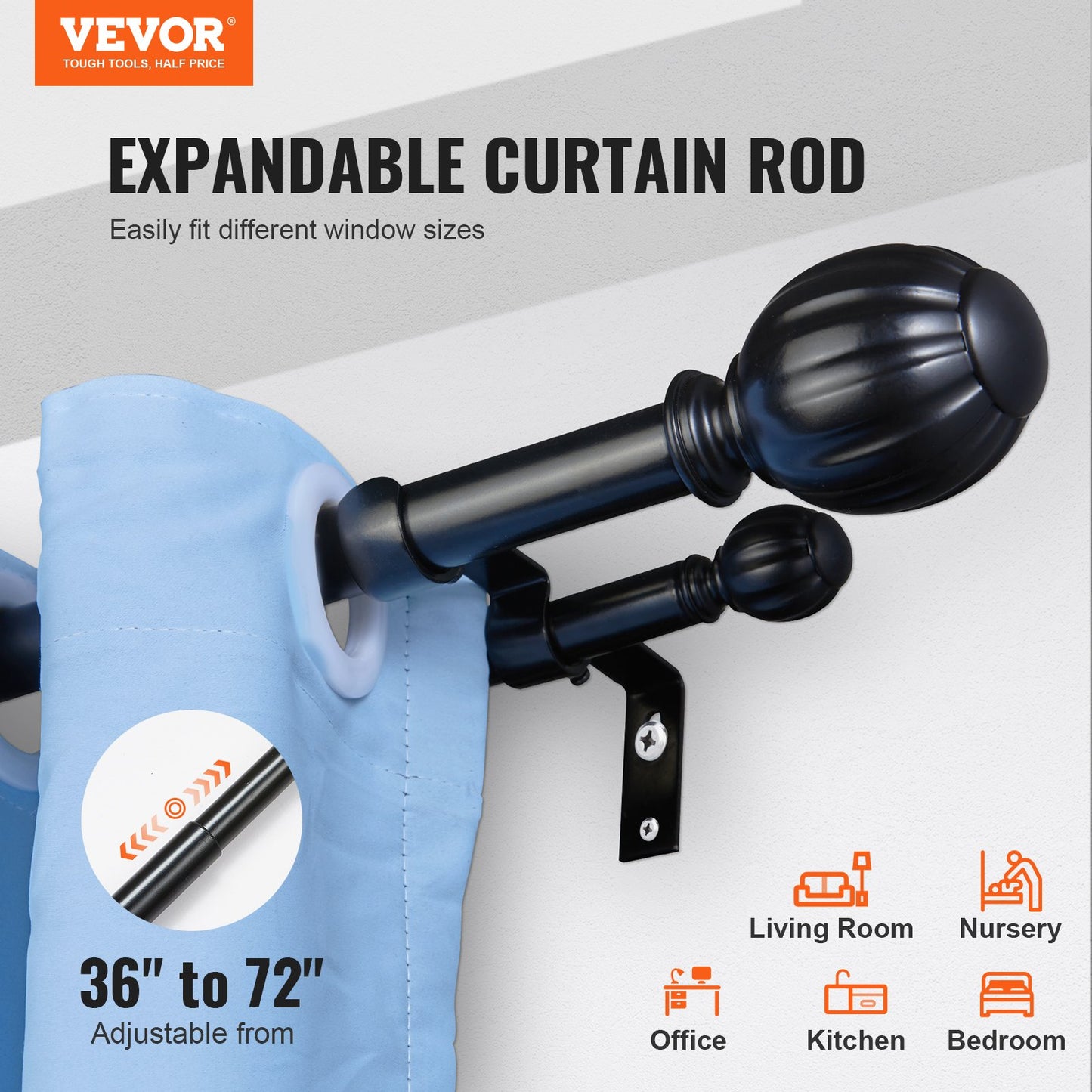 Double Rod Curtain Rods, 36-72 inches (3-6 feet) Adjustable Length, Black Double Curtain Rods with Round Outer Edges, 1" and 3/4" Diameter, Double Window Drape Rod for Sheer and Blackout Curtains