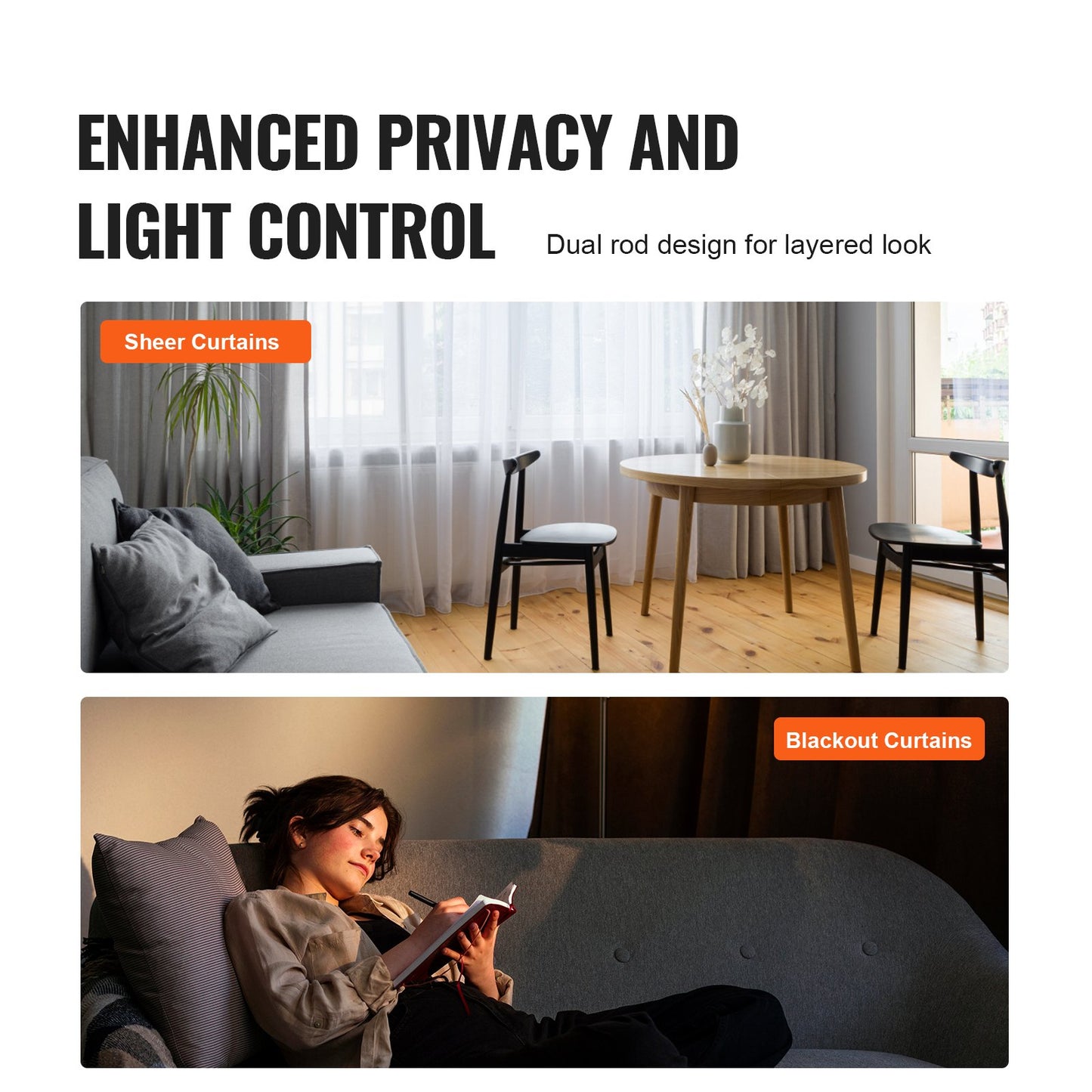 Double Rod Curtain Rods, 36-72 inches (3-6 feet) Adjustable Length, Black Double Curtain Rods with Round Outer Edges, 1" and 3/4" Diameter, Double Window Drape Rod for Sheer and Blackout Curtains