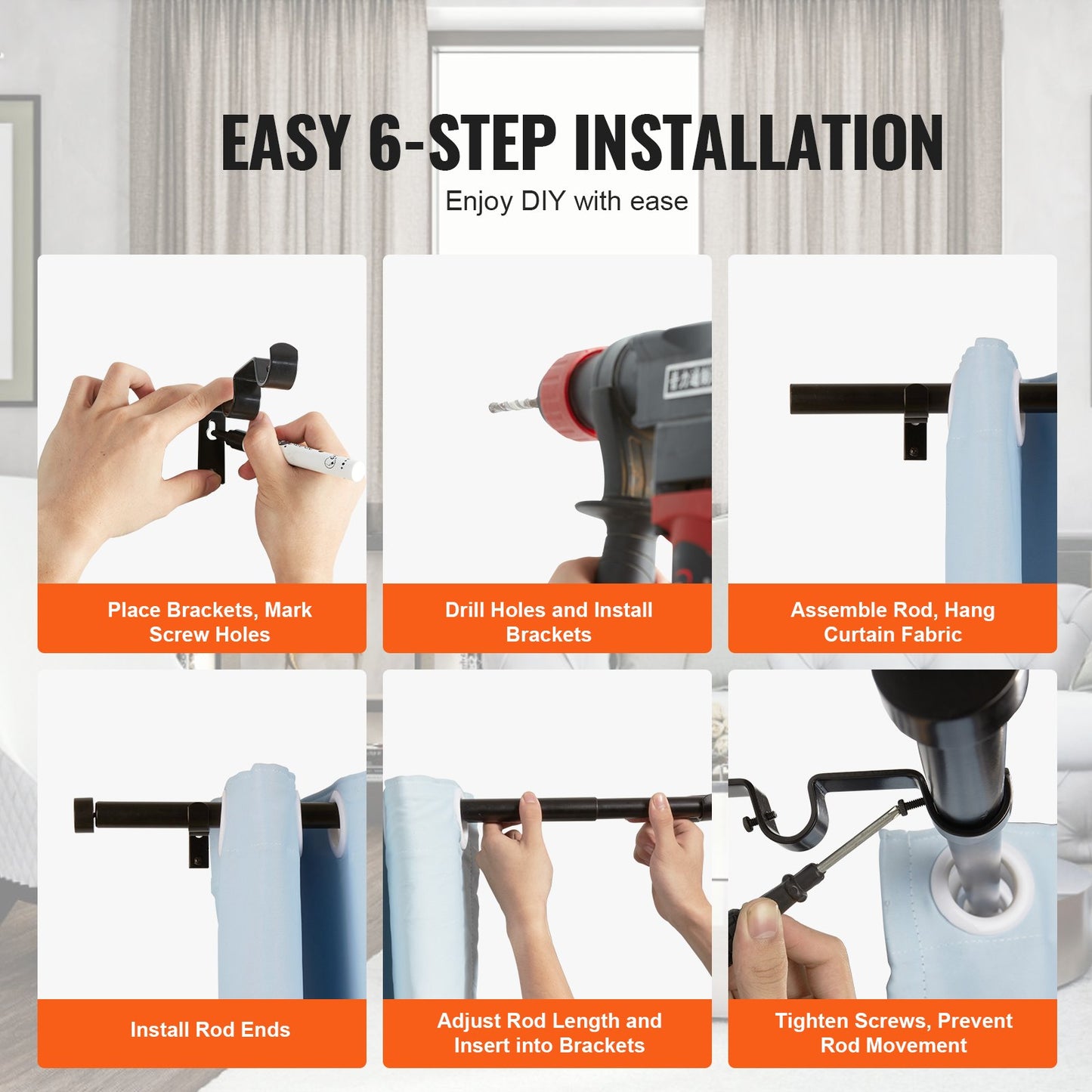 Doppelstangen-Gardinenstangen, 72-144 Zoll (6-12 Fuß) verstellbare Länge, schwarze Doppelgardinenstangen mit Kappenenden, 1" und 3/4" Durchmesser, Doppelte Fenstergardinenstange für transparente und Verdunkelungsvorhänge