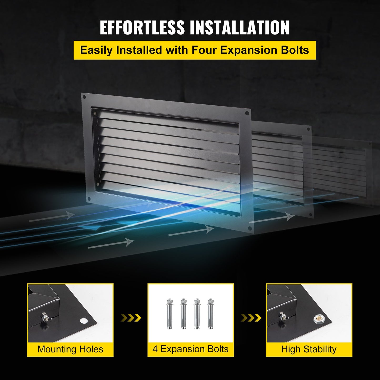 Foundation Flood Vent, 8\" Height x 16\" Width Flood Vent, to Reduce Foundation Damage and Flood Risk, Black, Wall Mounted Flood Vent, for Garages & Full Height Enclosures