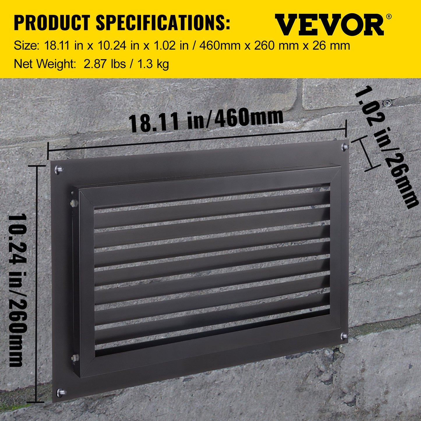 Foundation Flood Vent, 8\" Height x 16\" Width Flood Vent, to Reduce Foundation Damage and Flood Risk, Black, Wall Mounted Flood Vent, for Garages & Full Height Enclosures