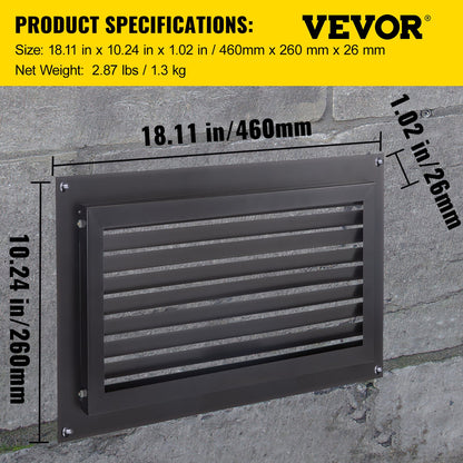 Foundation Flood Vent, 8\" Height x 16\" Width Flood Vent, to Reduce Foundation Damage and Flood Risk, Black, Wall Mounted Flood Vent, for Garages & Full Height Enclosures