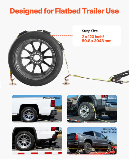 Wheel Chock Tie-Down Kit, Deck-Style Trailer Tie Down Strap, Car Tie Down Kit with J-Hook, Break Strength 10009 lbs & Working Load 3333 lbs Motorcycle Tie-Down System for SUVs, Trailers, Trucks