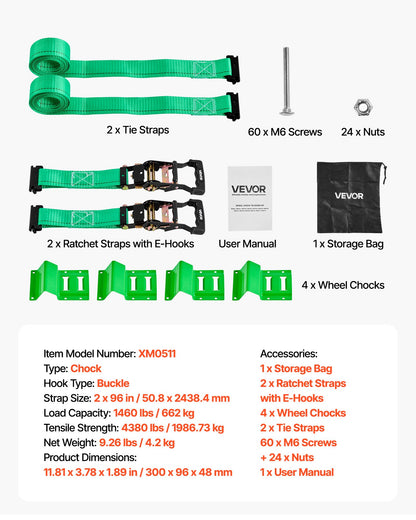 Wheel Chock Tie-Down Kit, Chock-Style Trailer Tie Down Strap, Car Tie Down Kit with Buckle, Break Strength 4380 lbs & Working Load 1460 lbs Motorcycle Tie-Down System for ATVs, UTVs & Trailers