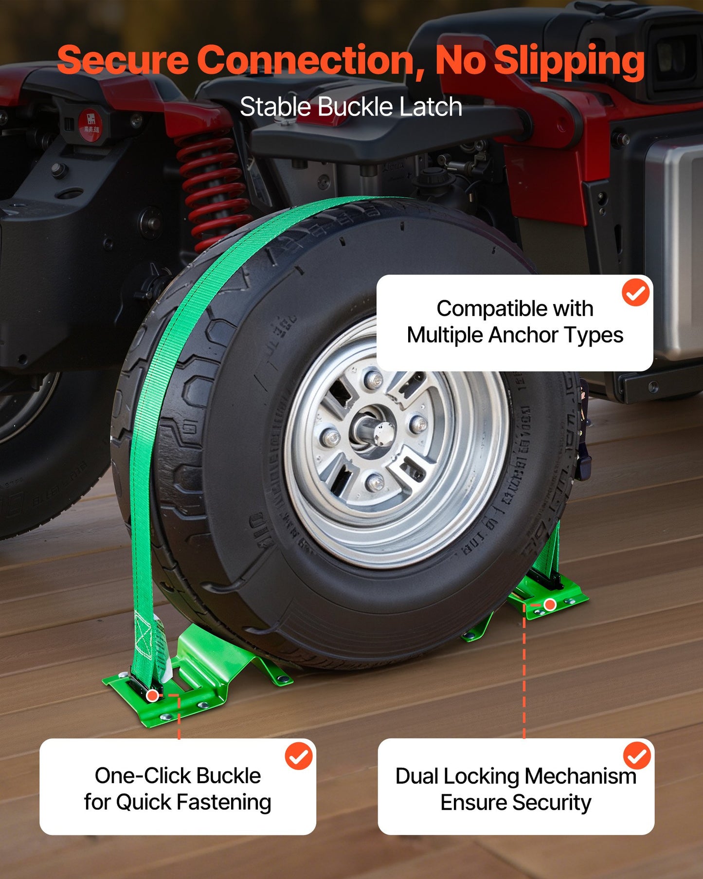 Wheel Chock Tie-Down Kit, Chock-Style Trailer Tie Down Strap, Car Tie Down Kit with Buckle, Break Strength 4380 lbs & Working Load 1460 lbs Motorcycle Tie-Down System E-Hooks for ATVs, UTVs