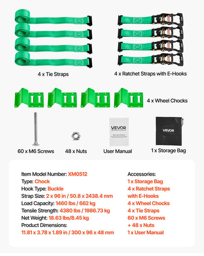 Wheel Chock Tie-Down Kit, Chock-Style Trailer Tie Down Strap, Car Tie Down Kit with Buckle, Break Strength 4380 lbs & Working Load 1460 lbs Motorcycle Tie-Down System E-Hooks for ATVs, UTVs