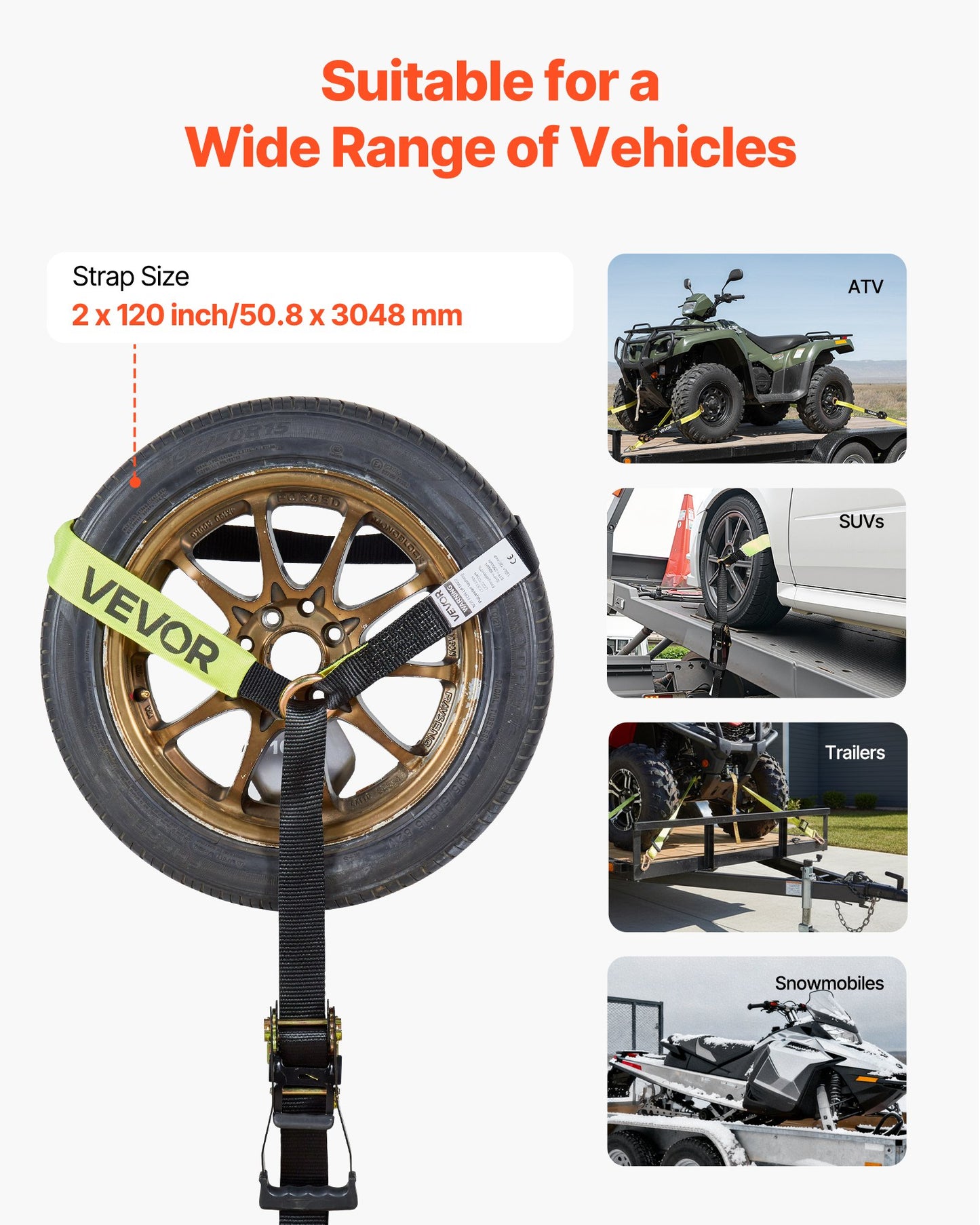 Wheel Chock Tie-Down Kit, Tire-Style Trailer Tie Down Strap, Car Tie Down Kit with Flat Hook, Break Strength 10009 lbs & Working Load 3333 lbs Motorcycle Tie-Down System for ATVs, SUVs, Trailers
