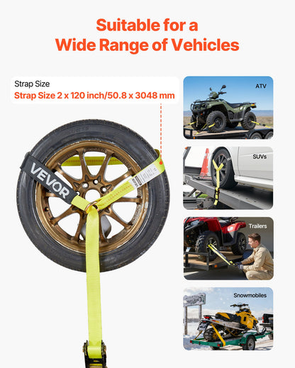 Wheel Chock Tie-Down Kit, Tire-Style Motorcycle Tie-Down System, Car Tie Down Kit with Flat Hook, Break Strength 10009 lbs & Working Load 3333 lbs Trailer Tie Down Strap for ATVs, SUVs, Trailers