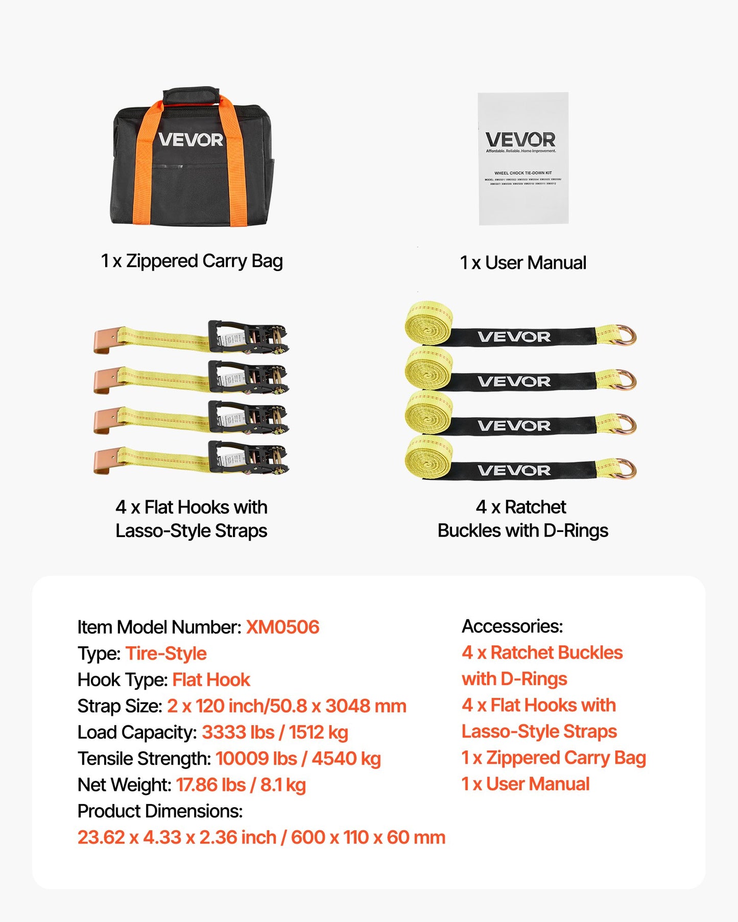 Wheel Chock Tie-Down Kit, Tire-Style Motorcycle Tie-Down System, Car Tie Down Kit with Flat Hook, Break Strength 10009 lbs & Working Load 3333 lbs Trailer Tie Down Strap for ATVs, SUVs, Trailers