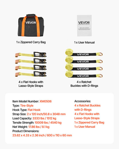 Wheel Chock Tie-Down Kit, Tire-Style Motorcycle Tie-Down System, Car Tie Down Kit with Flat Hook, Break Strength 10009 lbs & Working Load 3333 lbs Trailer Tie Down Strap for ATVs, SUVs, Trailers