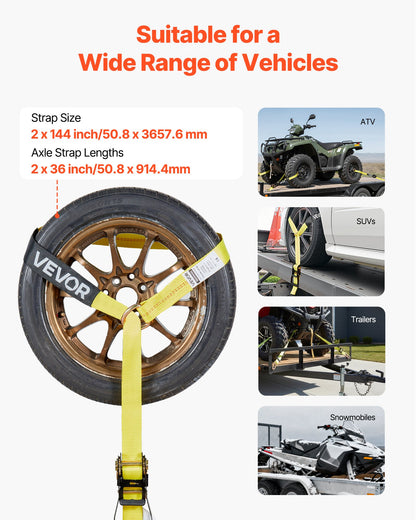 Wheel Chock Tie-Down Kit, Tire-Style Trailer Tie Down Strap, Car Tie Down Kit with Spring Hook, Break Strength 10009 lbs & Working Load 3333 lbs Motorcycle Tie-Down System for ATV, SUV, Trailer