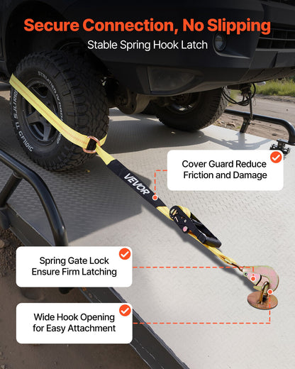 Wheel Chock Tie-Down Kit, Tire-Style Trailer Tie Down Strap, Car Tie Down Kit with Spring Hook, Break Strength 10009 lbs & Working Load 3333 lbs Motorcycle Tie-Down System for ATV, SUV, Trailer